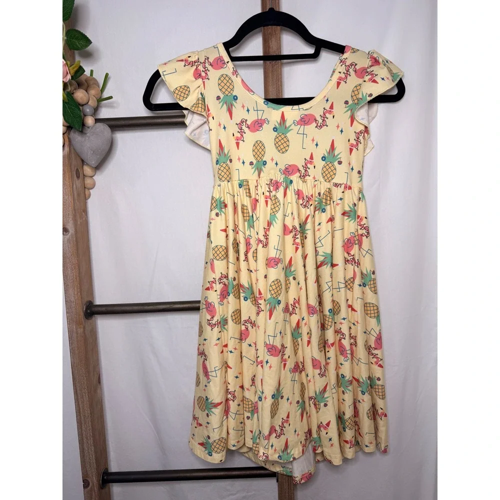Dot Dot Smile Girls Yellow Flamingo Pineapple Flutter Sleeve Dress Size 7